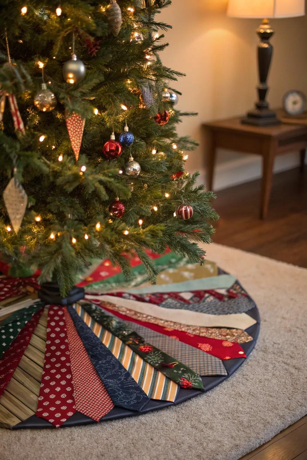 Repurposed ties present a vibrant and unique tree skirt.
