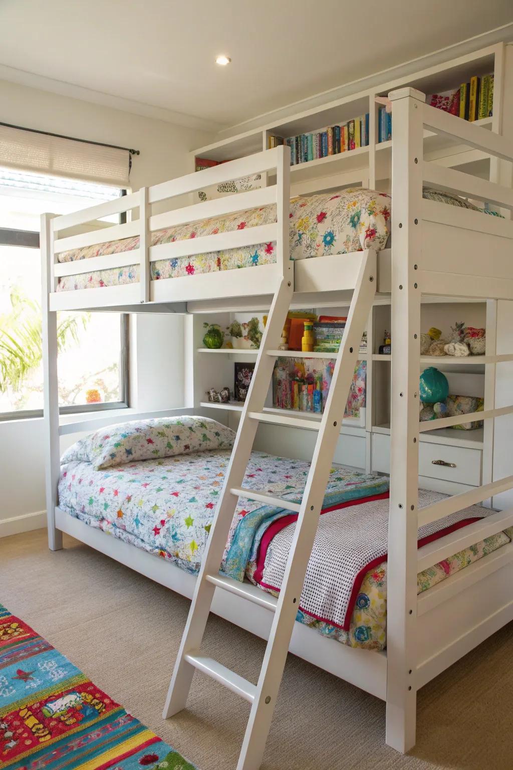 Safety-focused triple bunk beds with secure railings and ladders.
