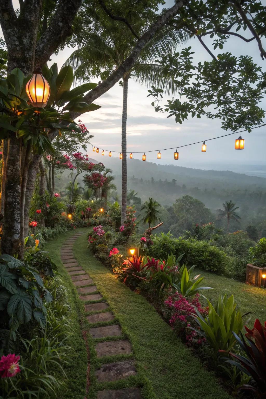 Subtle lighting forms an enchanting ambiance in the tropical sanctuary.