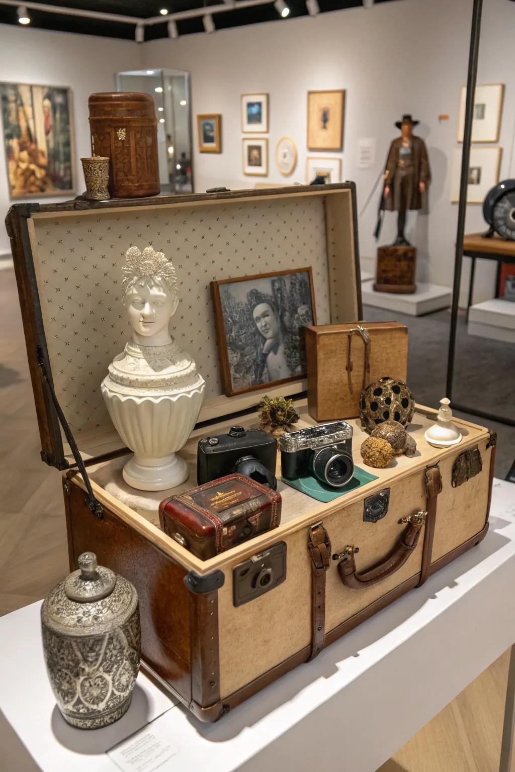A trunk becoming an artistic stage, highlighting treasured decor items and personal flair.