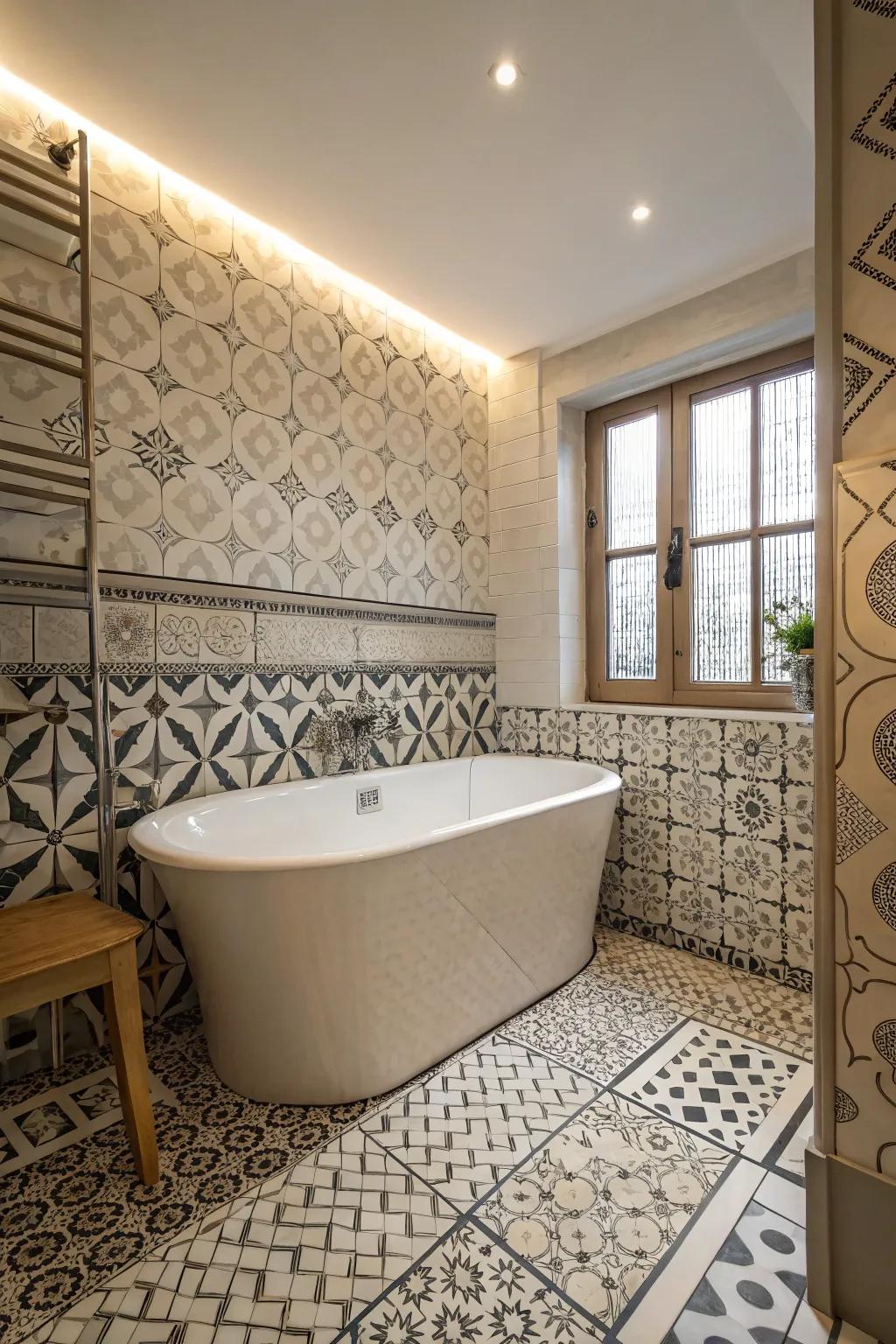 Geometric pieces append a contemporary and striking focal point encircling the tub.