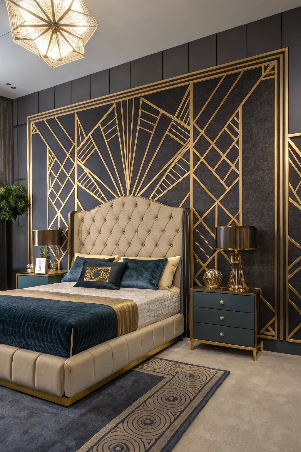 An Art Deco bedroom showcases a striking tufted headboard.
