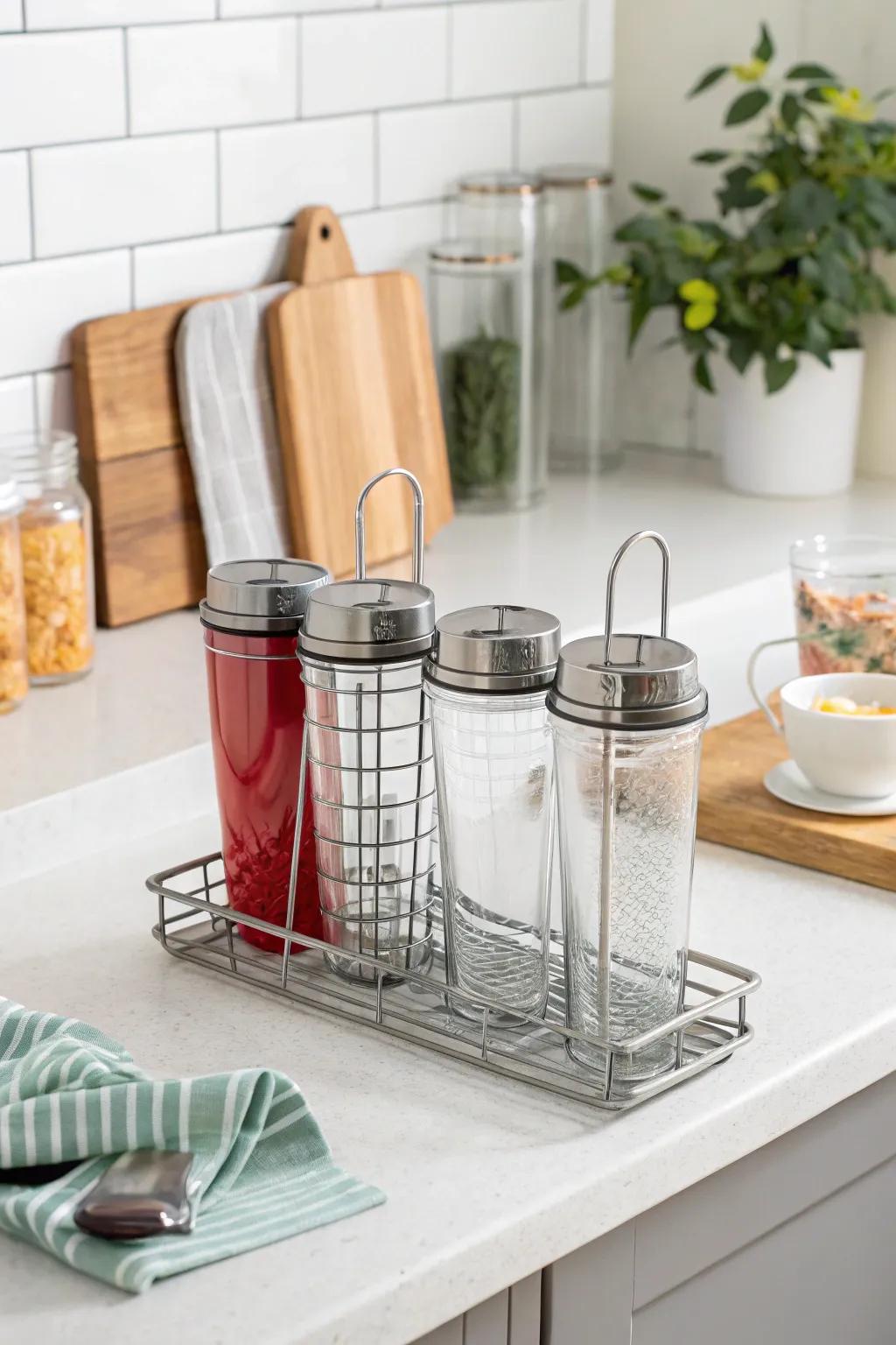 Open-work rack facilitating accessible tumbler storage.
