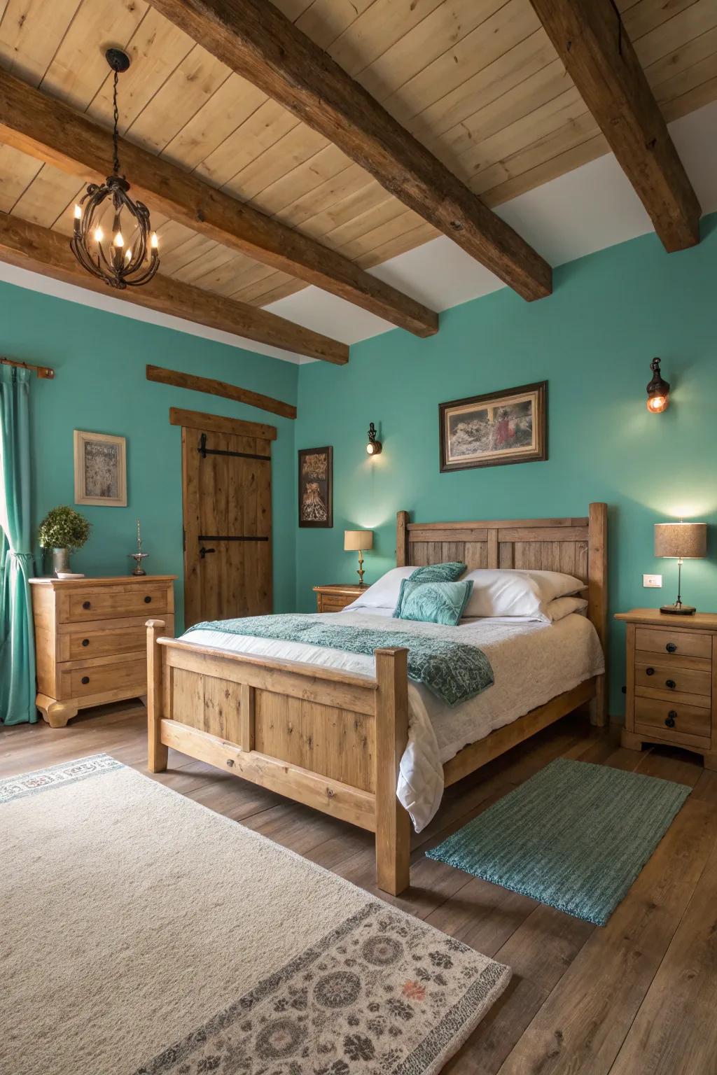 The incorporation of turquoise in concert with wood culminates in a warm and agreeable environment.