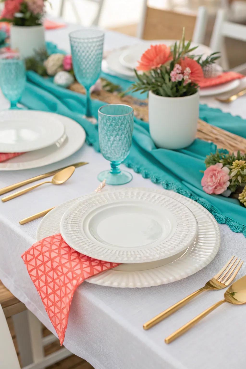 Teal and coral conjointly fashion a bustling and jovial ambiance.
