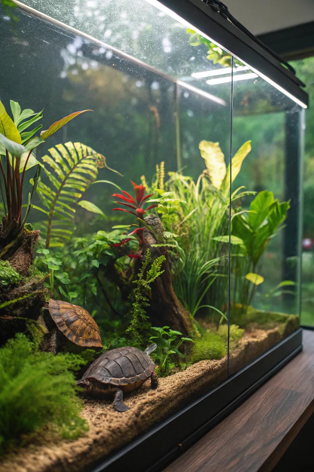A rainforest theme offers both charm and security for your turtle.