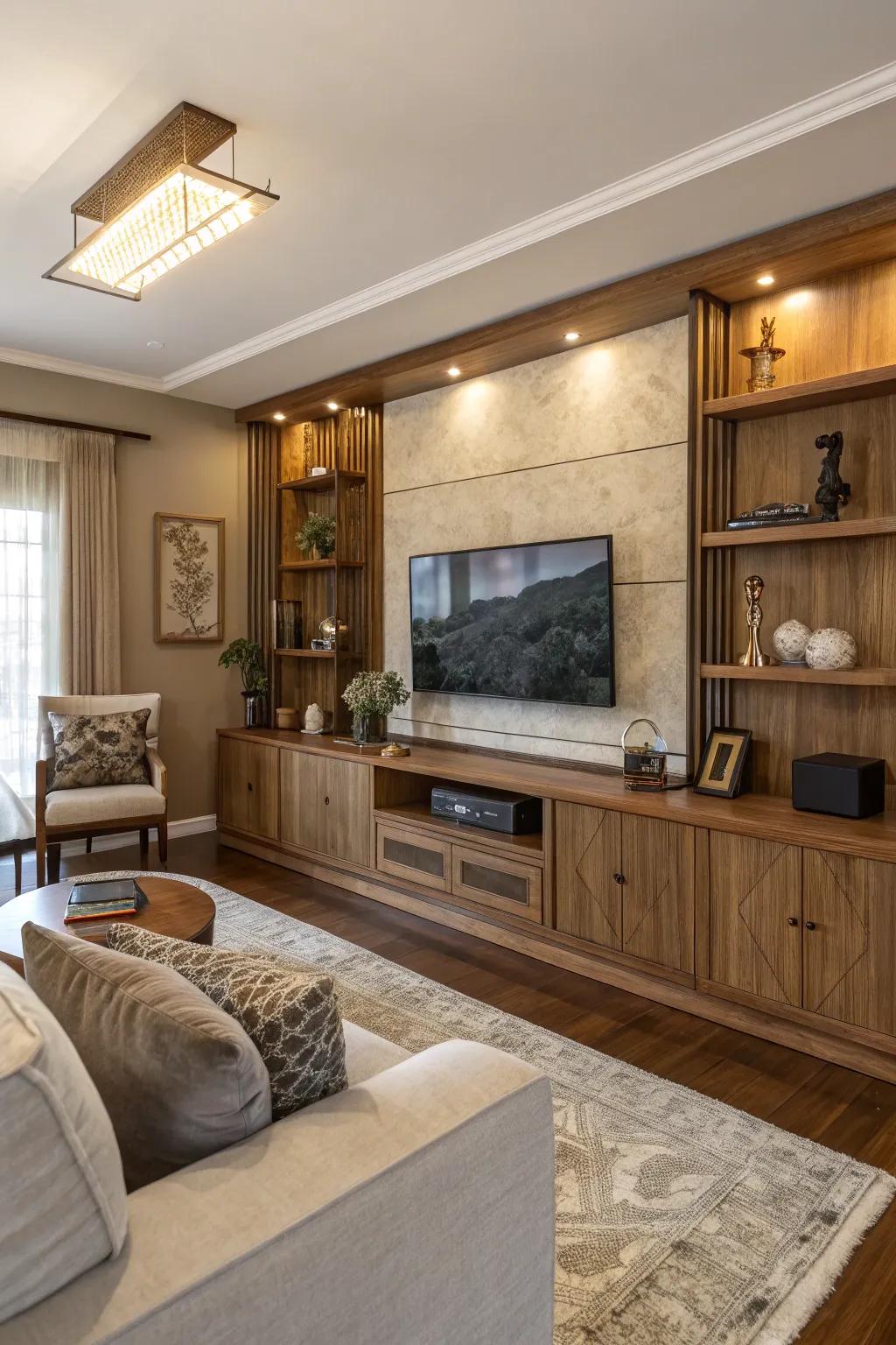 An eclectic mix of materials infuses character into this TV feature wall.