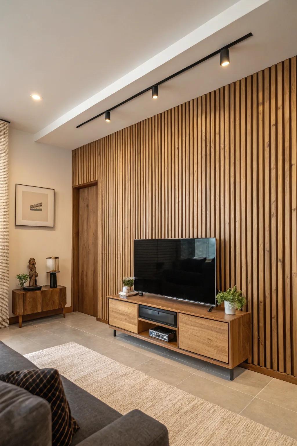 A sophisticated TV wall featuring elegant vertical wood slats.