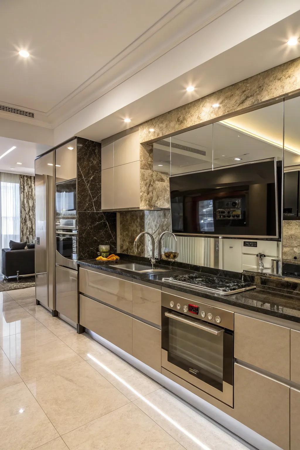 A mirror panel display in the cooking area, combining utility with refined design.