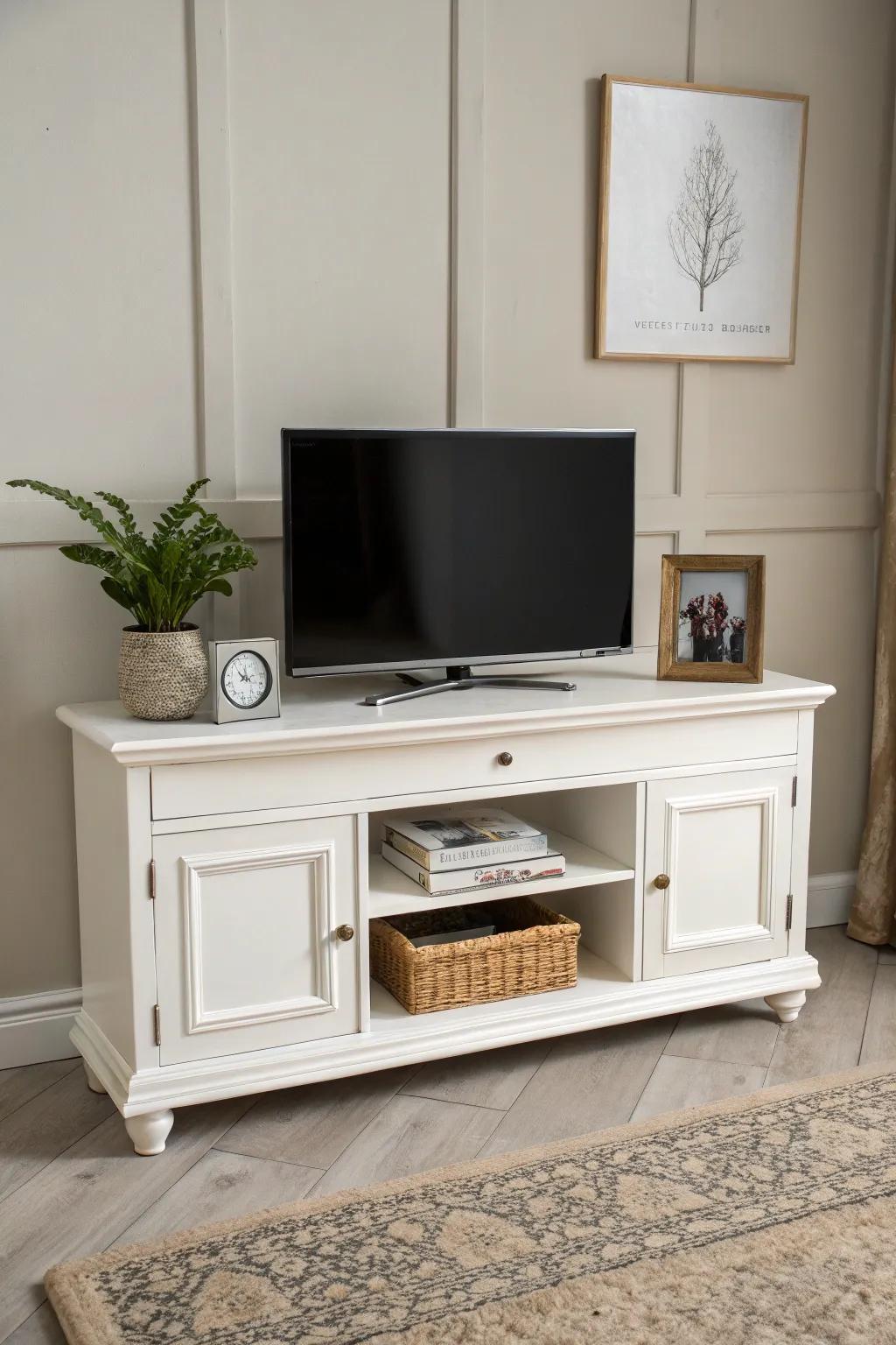 A snow TV stand offers timeless elegance and versatility.