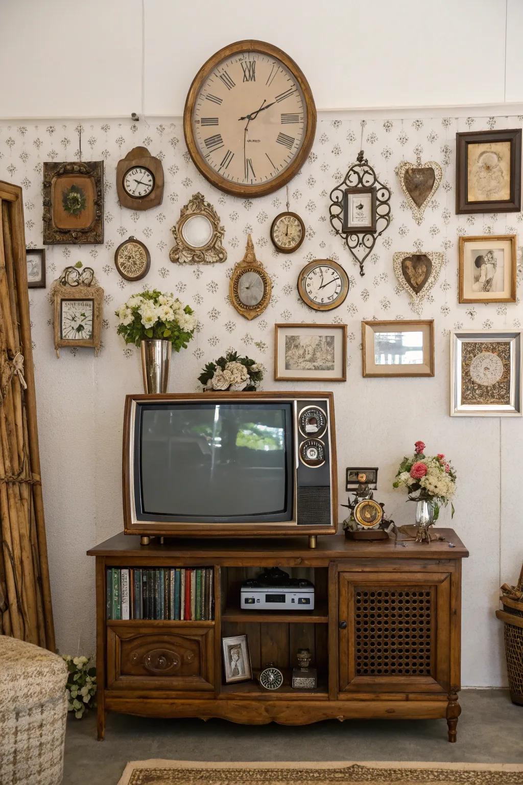 Classic elements add charm to this TV wall.