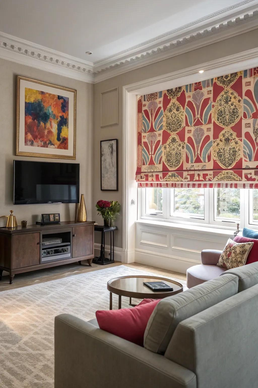 Fabric scrolling screens offer chic TV concealment.
