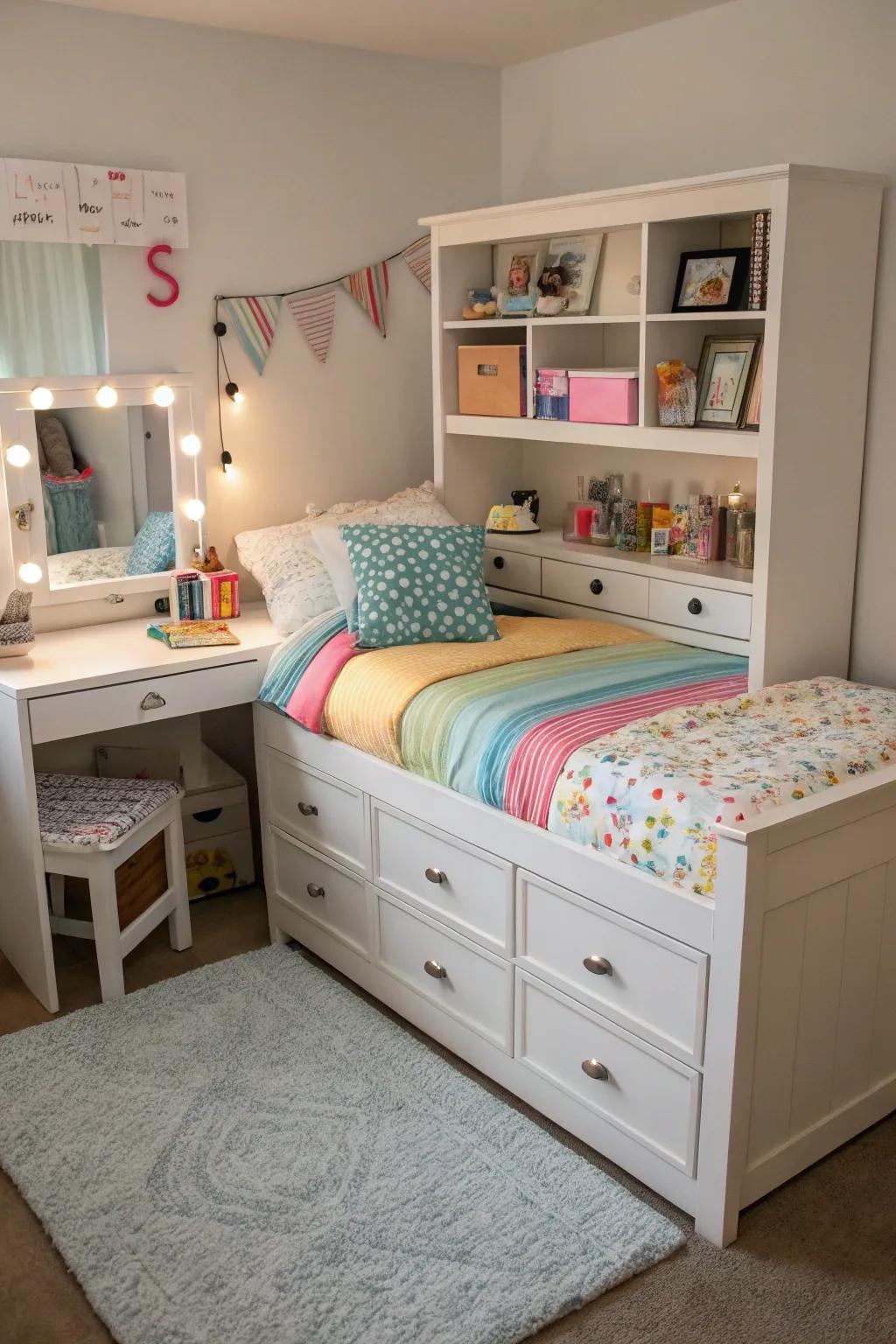 Multifunctional furniture maximizes space and utility in a tween's room.