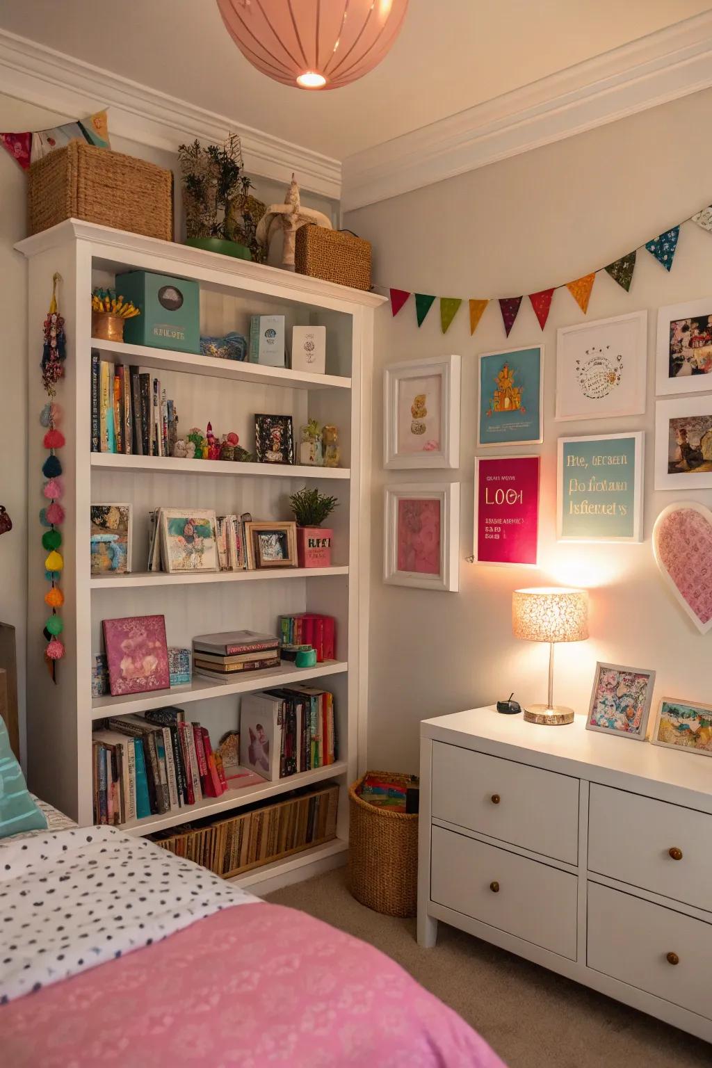 Personal touches incorporating art, literature, and collectibles.