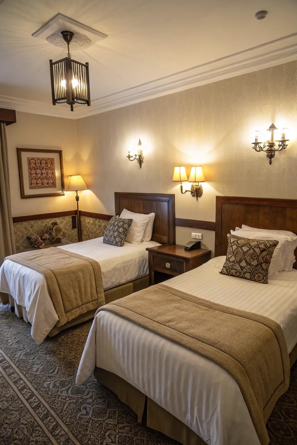 Graded lighting enhances mood and usability within twin bed rooms.