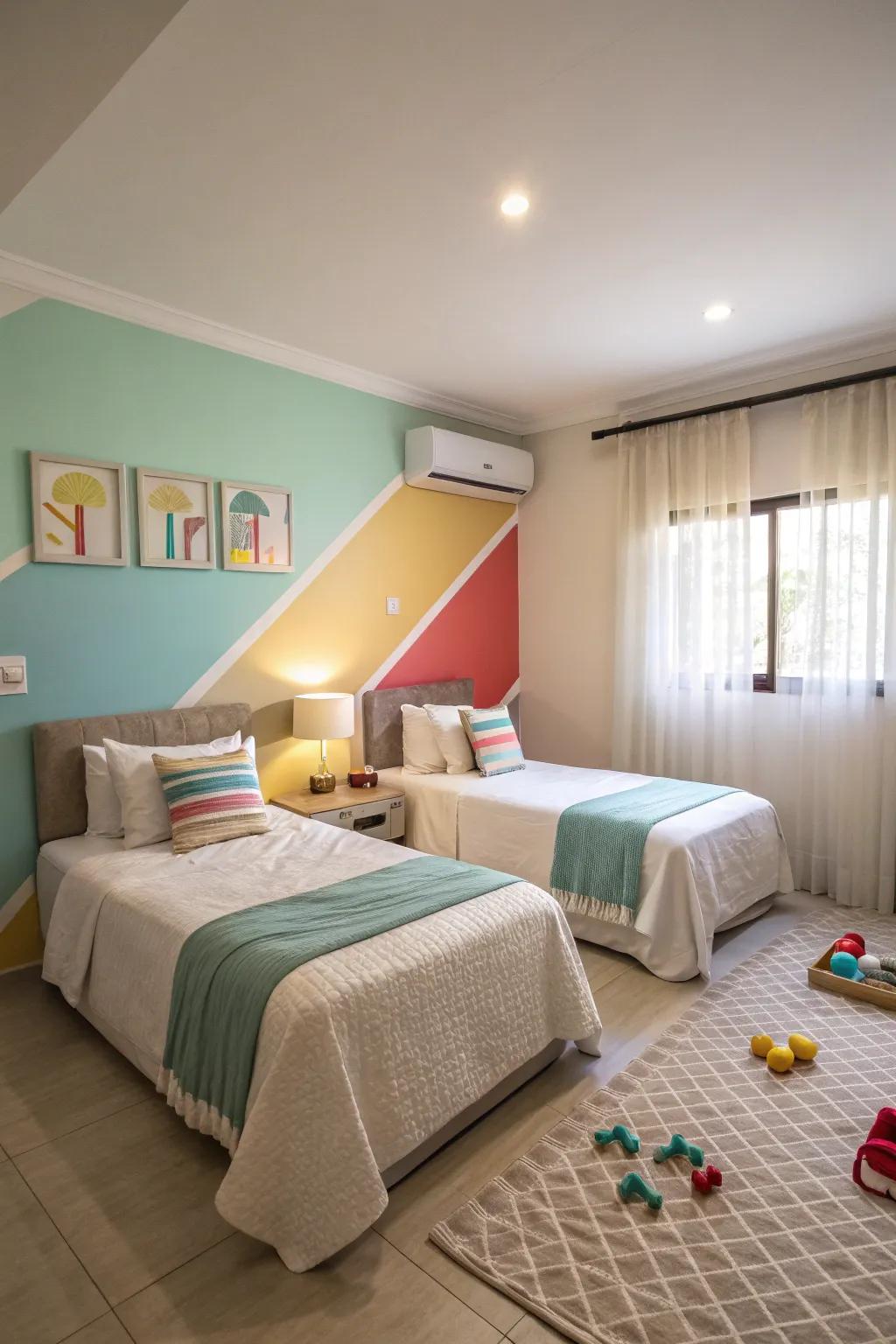 Creative paint and wallpaper bring life to the twin room.