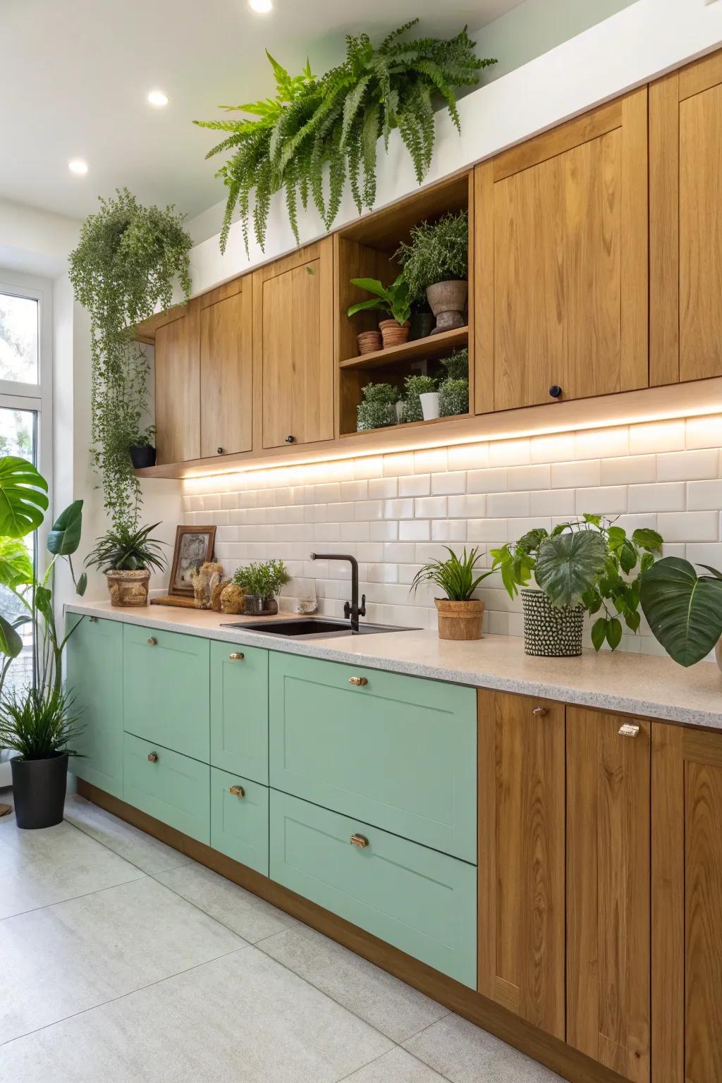 A rejuvenating mint-toned and timber kitchen that invites tranquility.