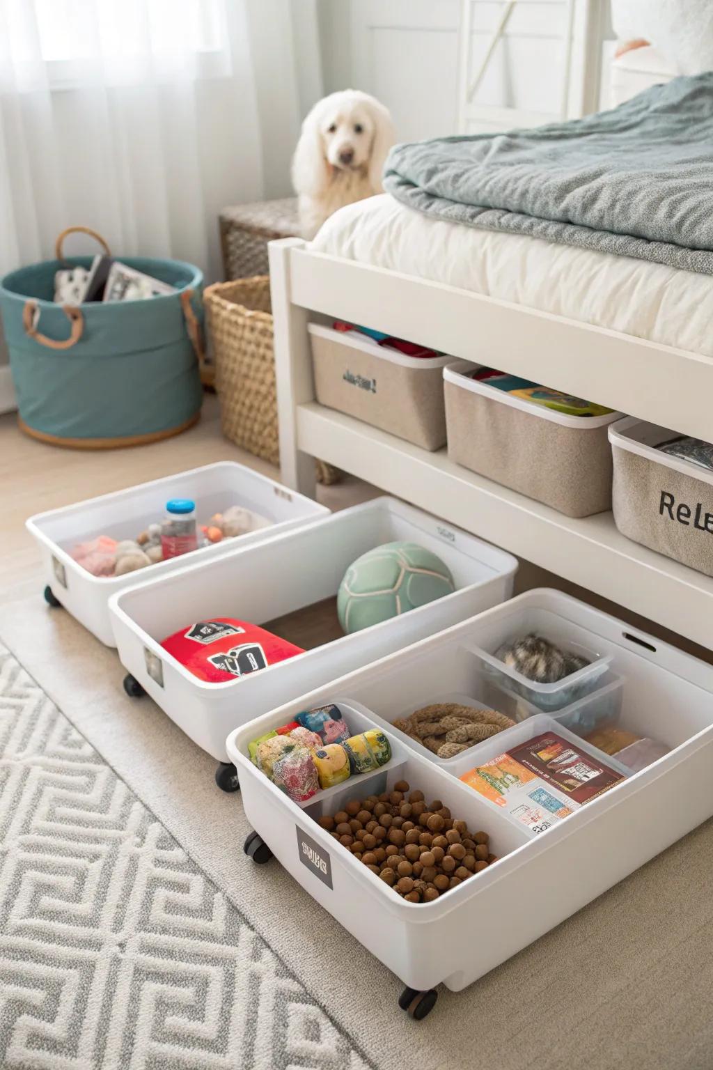 Organize pet essentials effortlessly with a handy rolling cart.