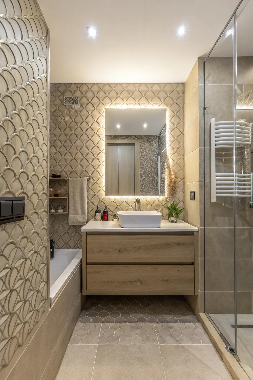 Textured walls fashion a tactile and visually riveting space.