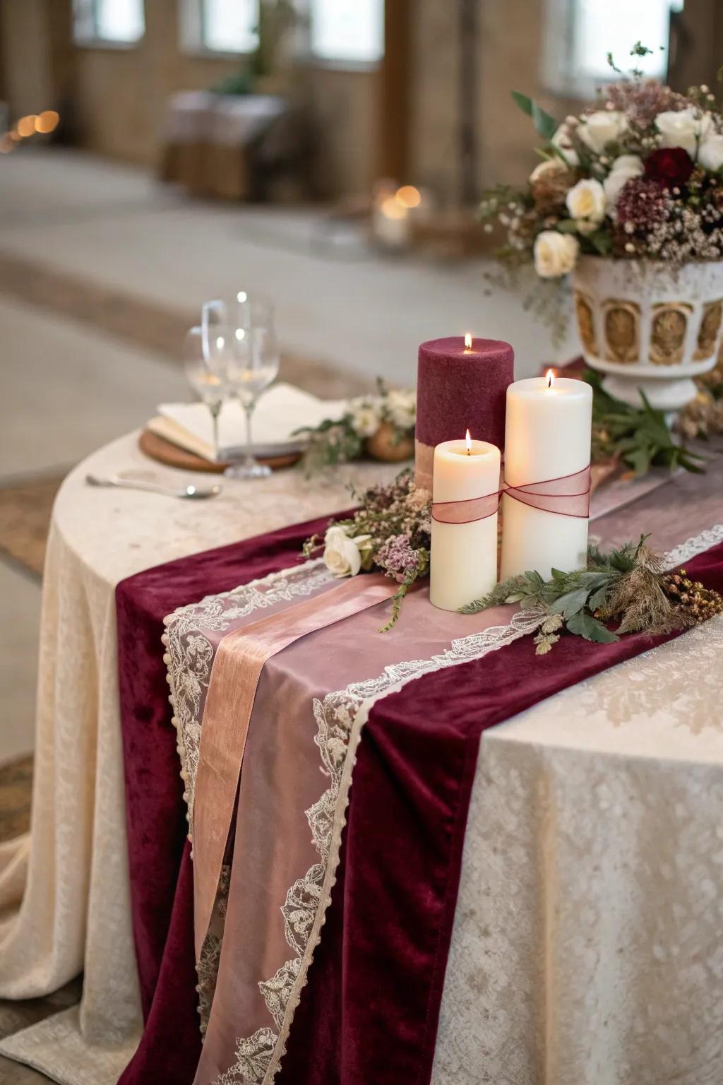 Layered textures incorporate depth and richness into this unity candle table.