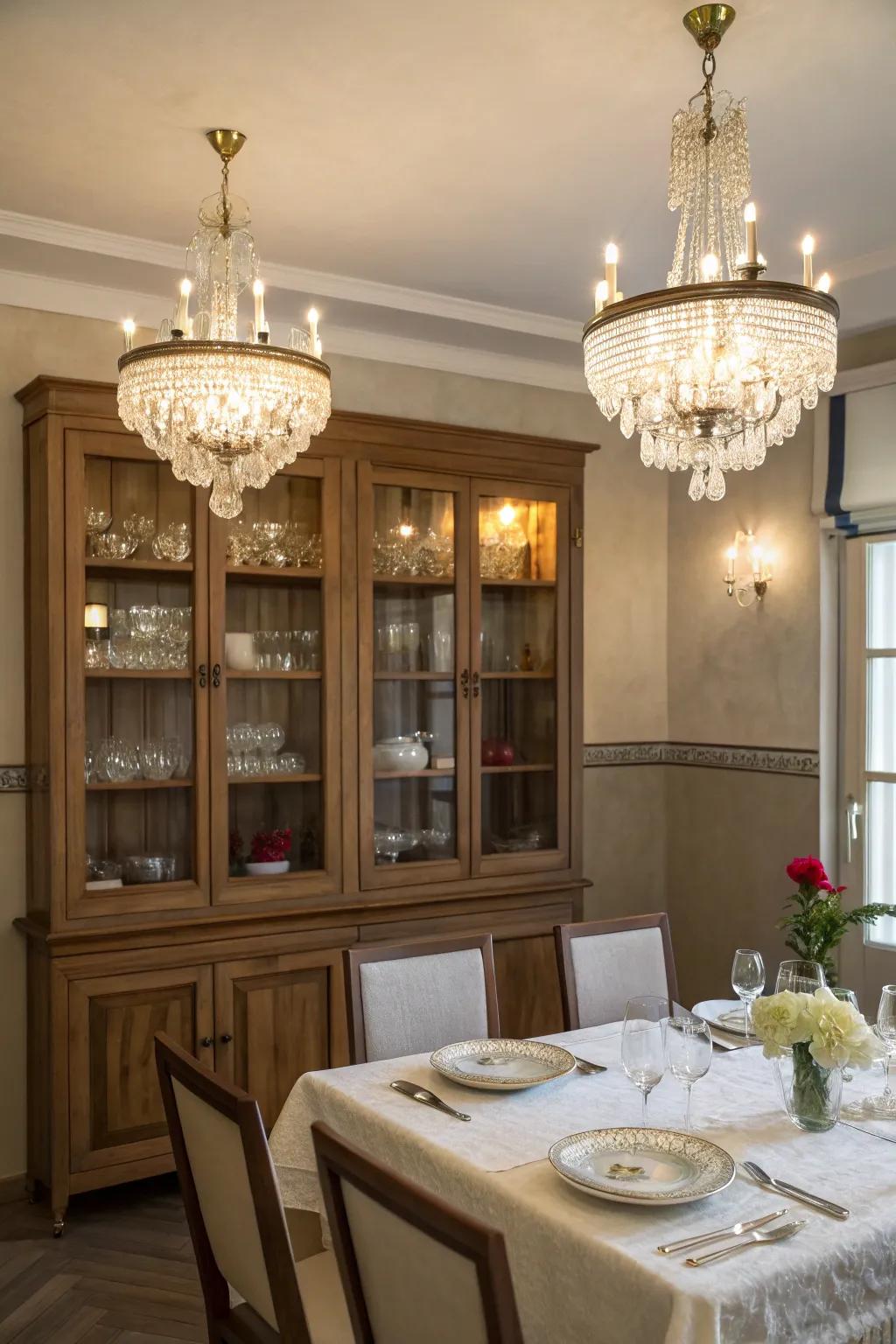 Diminutive crystal illuminations affix a luxurious touch overhead.