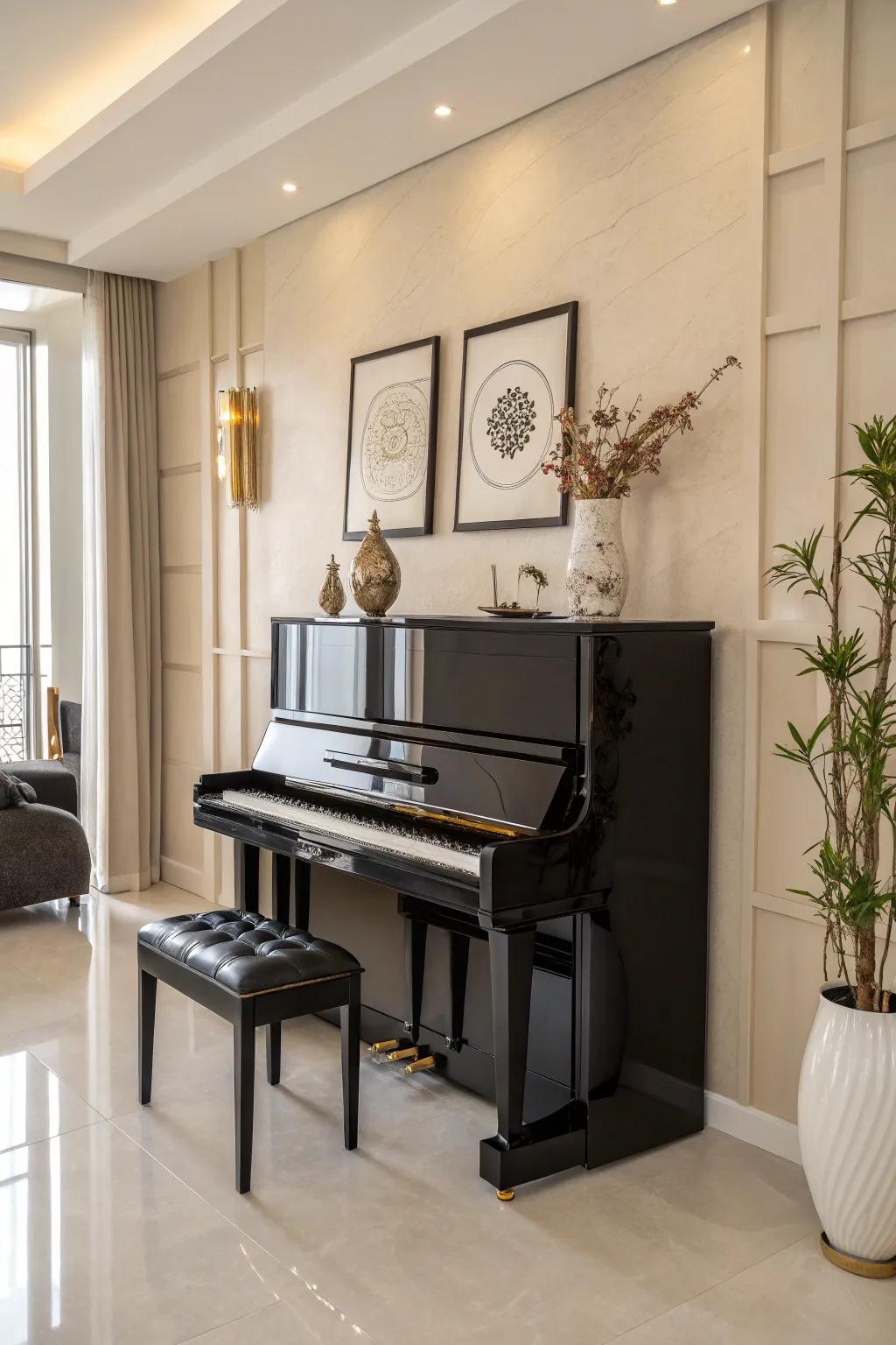 A sleek, modern room featuring an upright piano and minimalist decorative elements.
