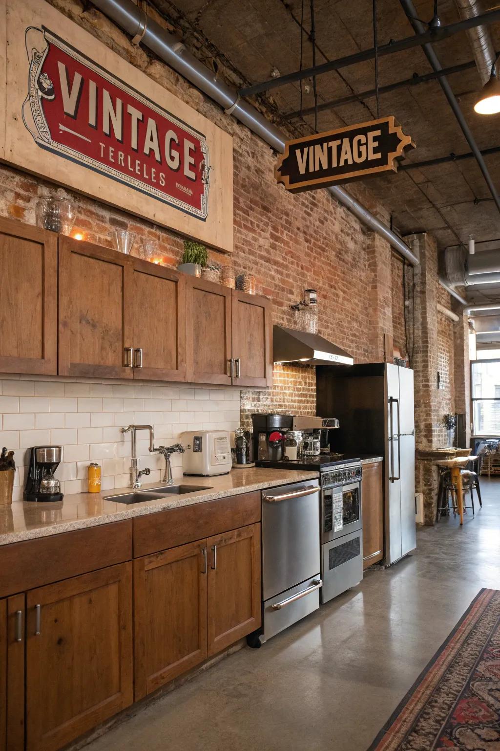 Vintage signage adds a nostalgic urban vibe.