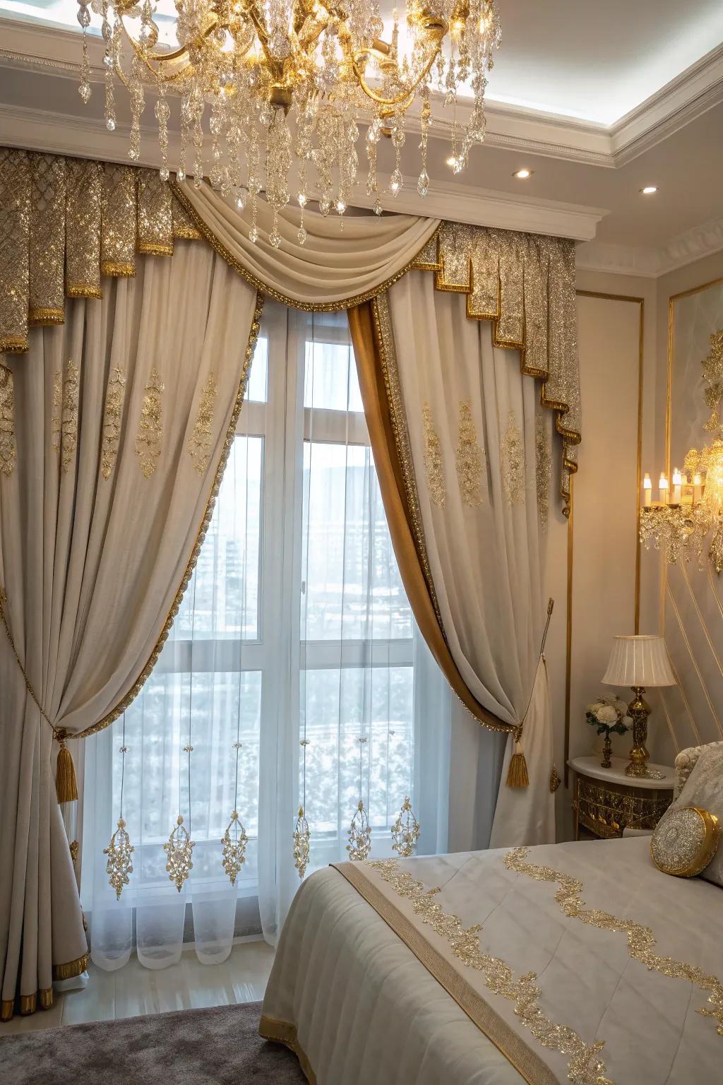 A window displaying a gilded-accented topper in a glamorous boudoir.