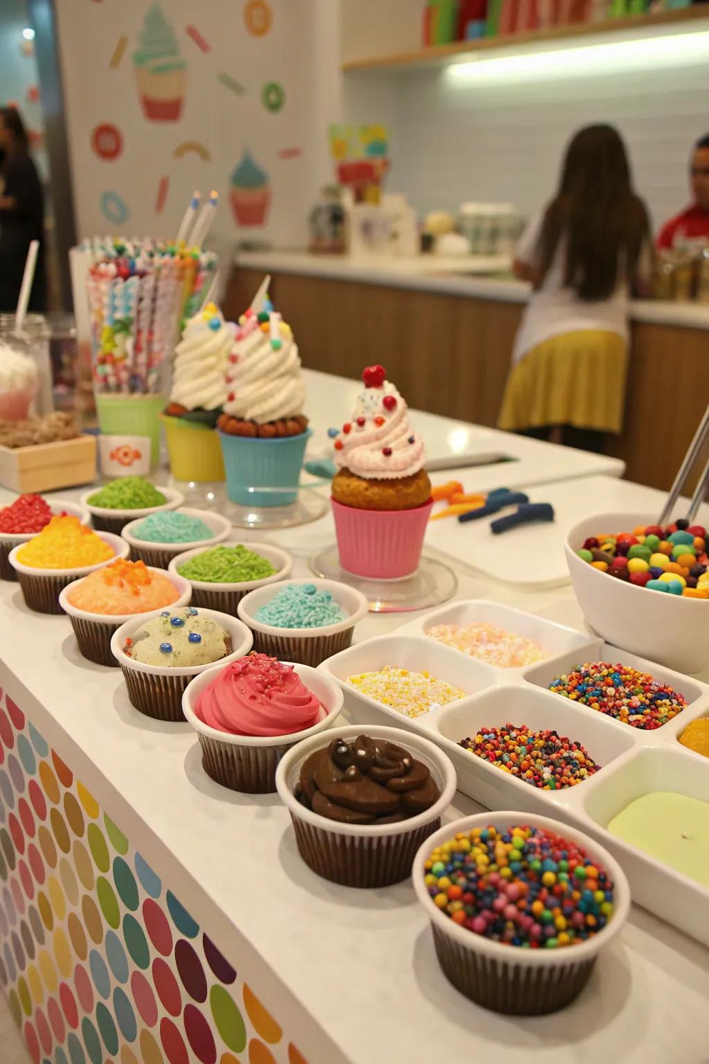 An amusing and interactive dessert station where attendees are able to adorn cupcakes.