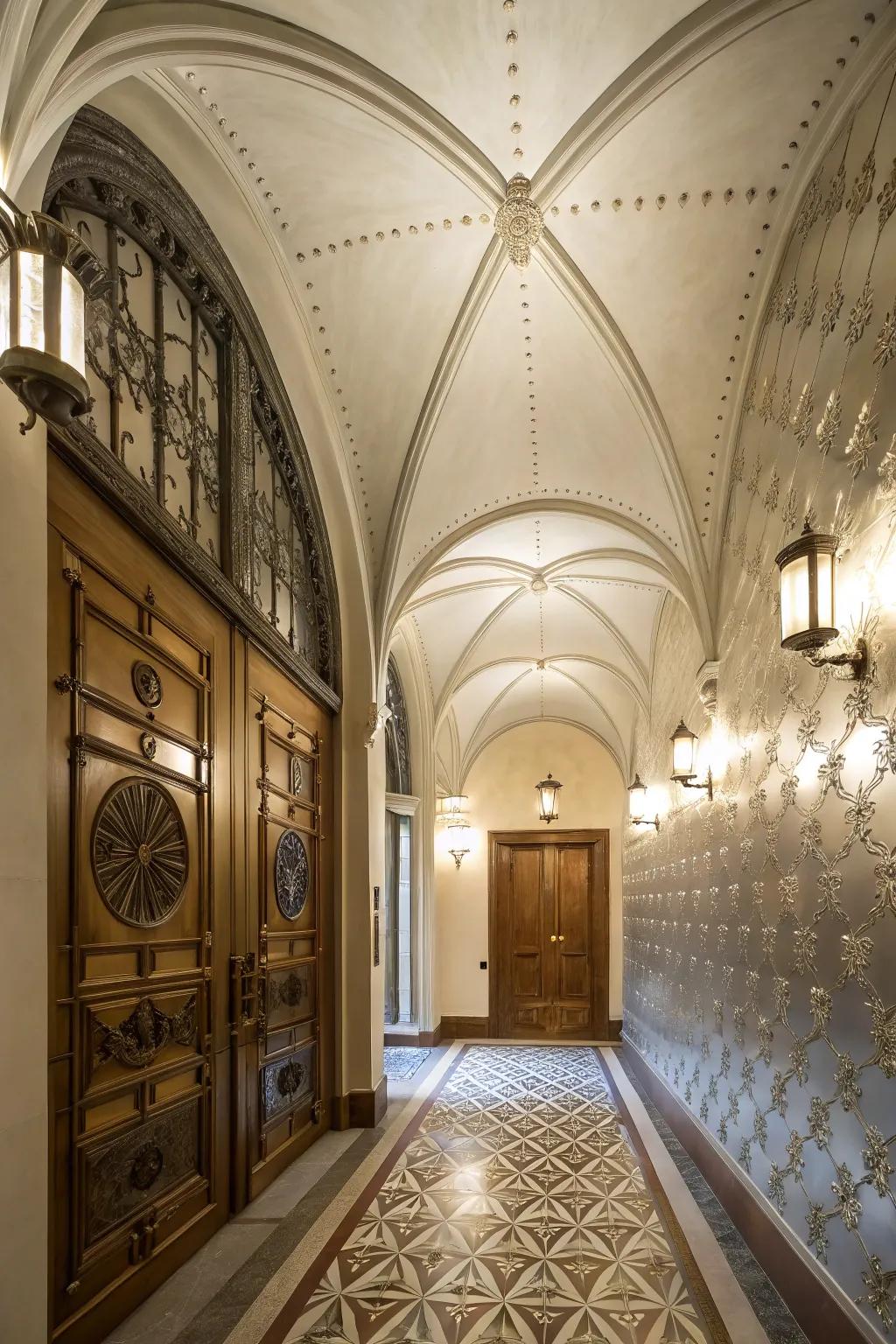 Entryway featuring a vaulted ceiling and shiny accent wall