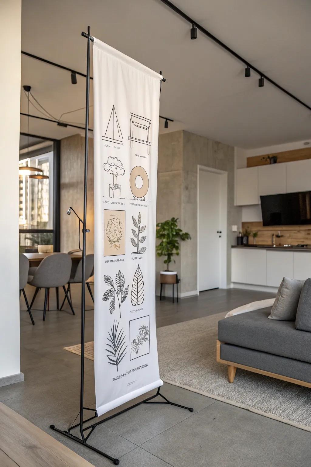 Simple line art on a vertical display complements a contemporary space.