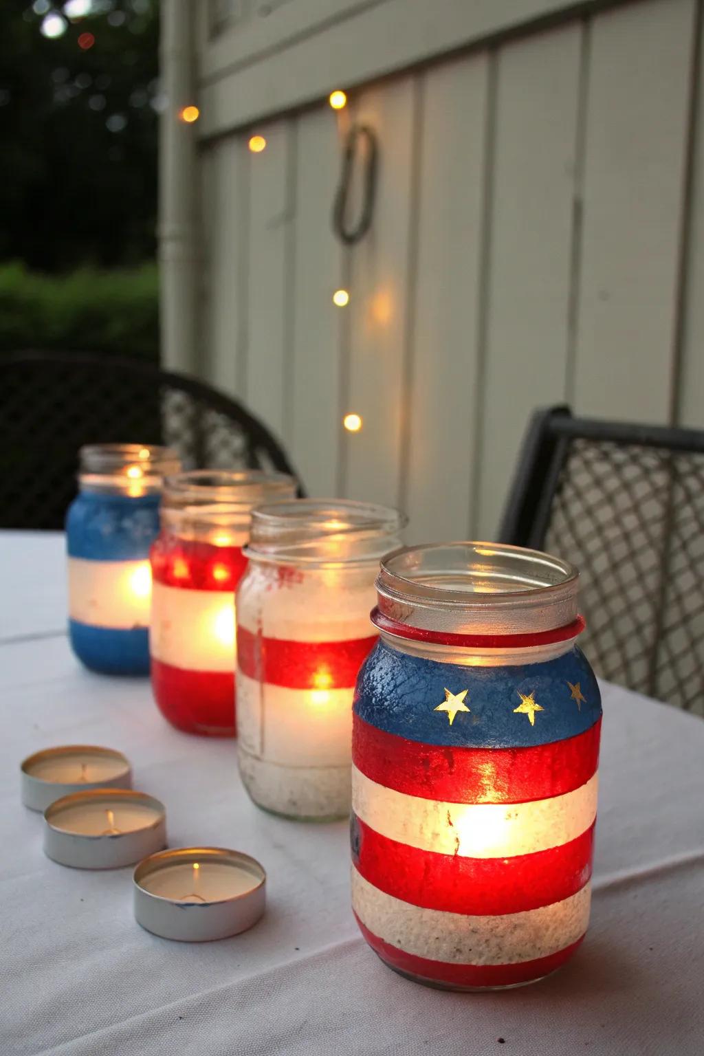 Preserving jar chandeliers emitting a snug and patriotic radiance.