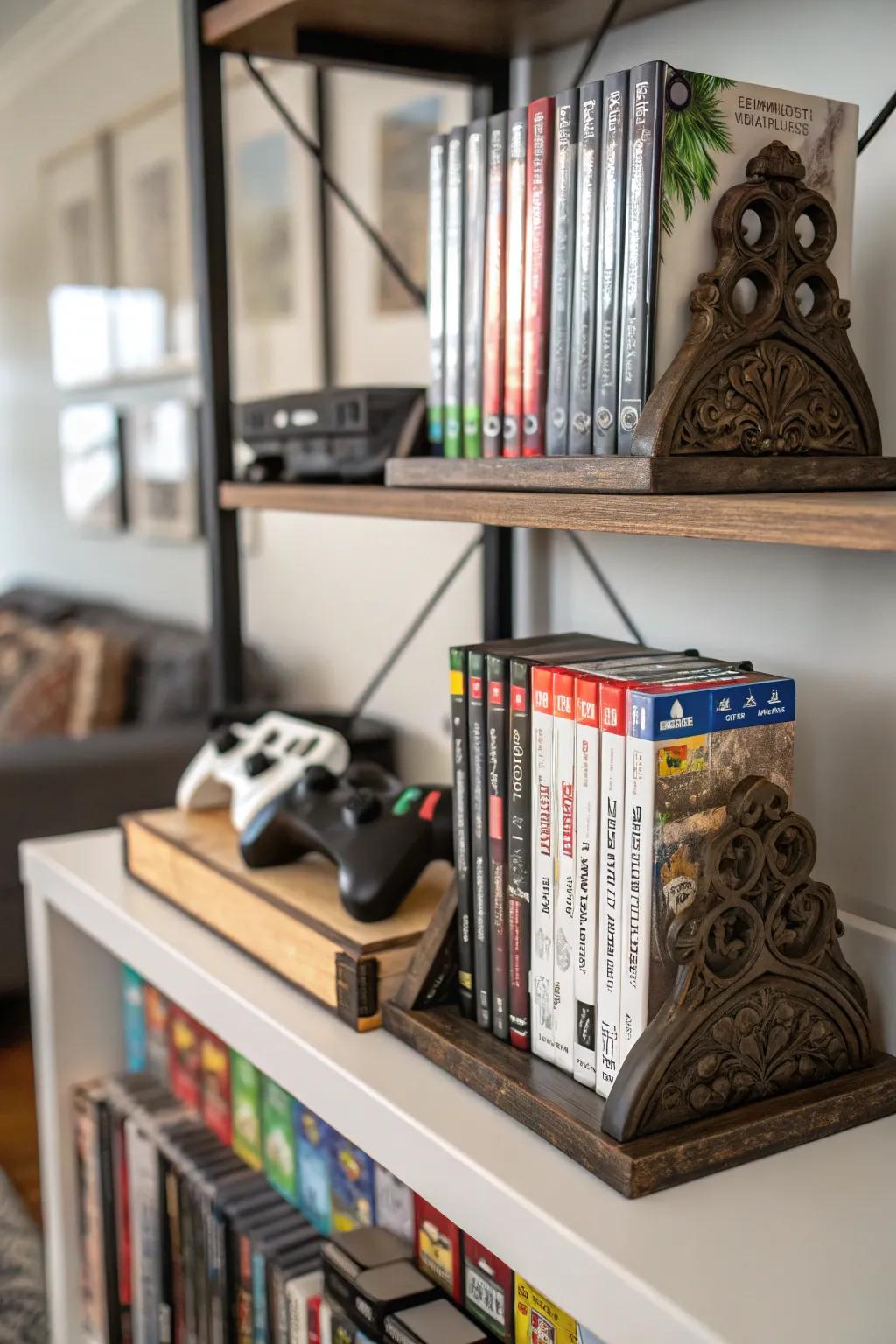 Decorative holders contributing style and practicality to a video game shelf.