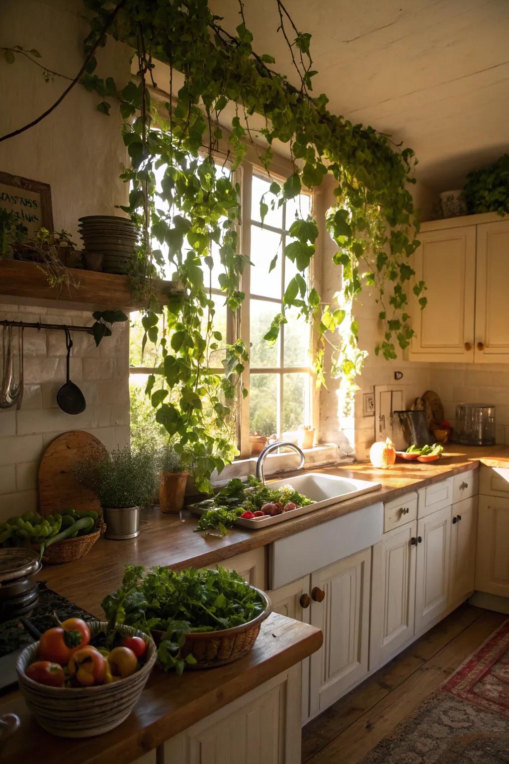 Introduce freshness to your culinary space with hanging vines.