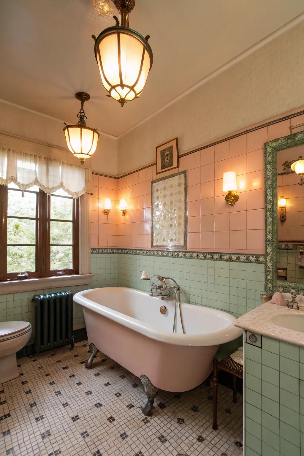 Vintage lighting fixtures provide gentle, ambient lighting for a cozy feel.