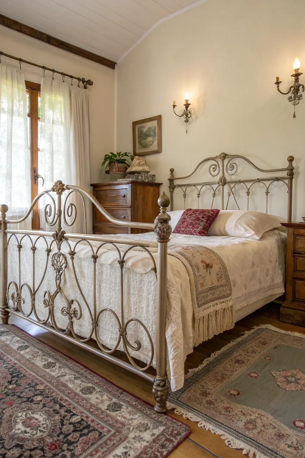 A vintage metal sleeping frame creating a charming bedroom ambiance.