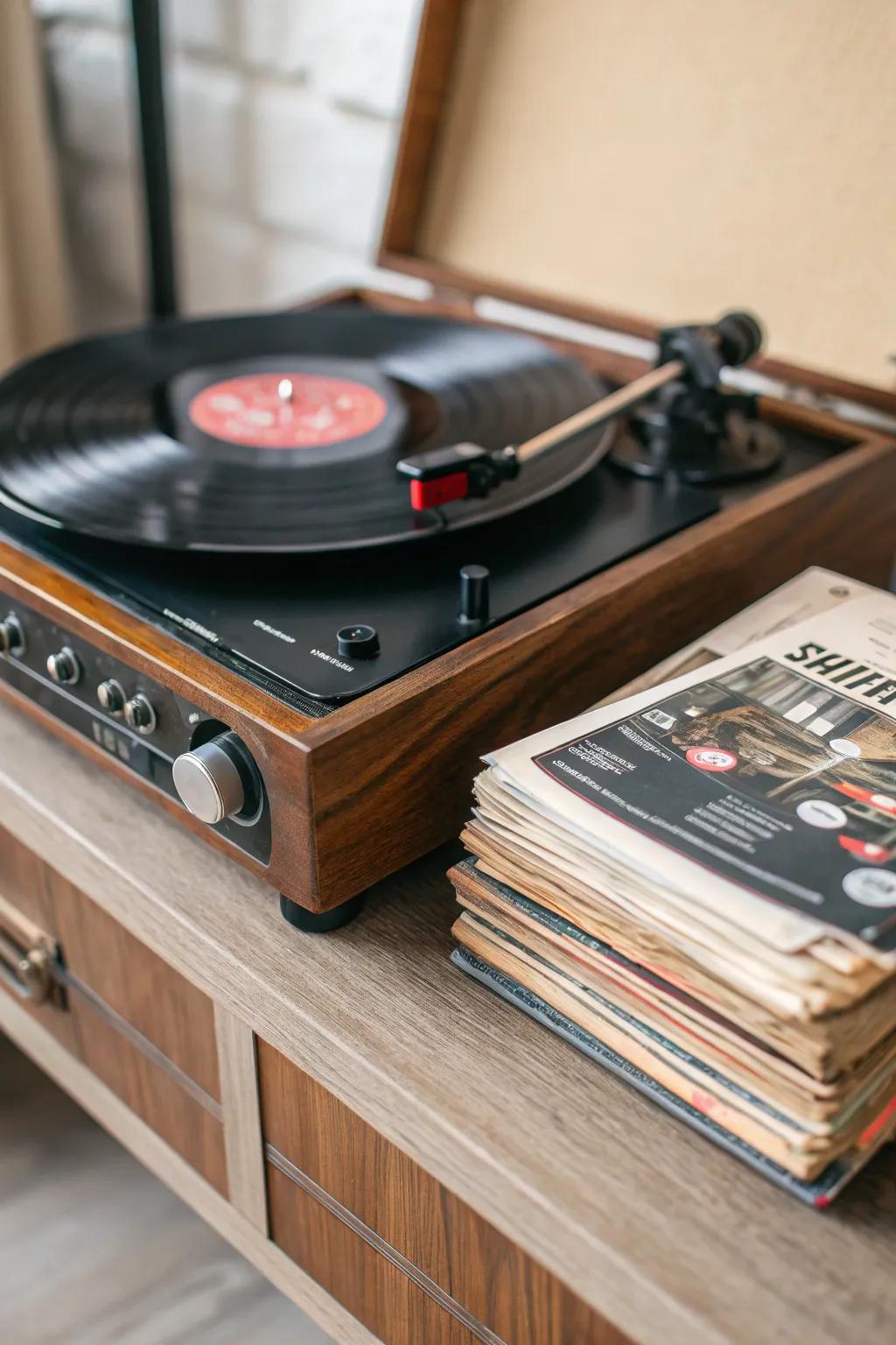 A retro music player sets the musical mood with classic tunes.