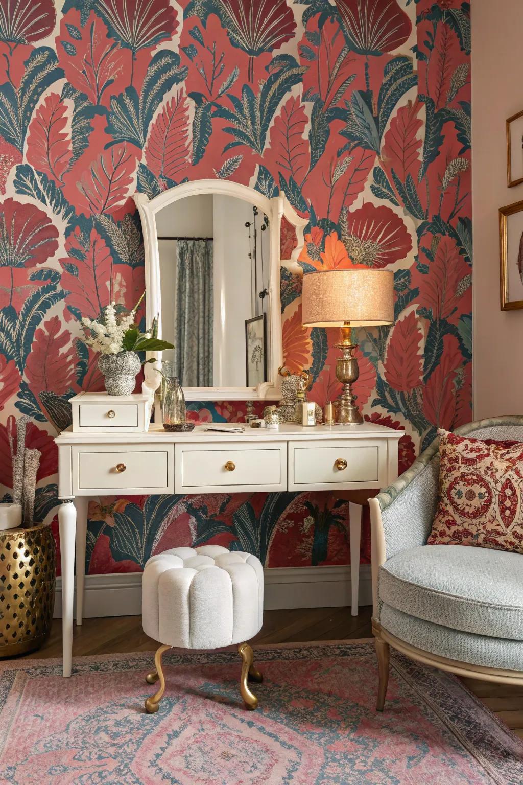 Bold wallpaper backdrops enhance the elegance of vintage vanities.