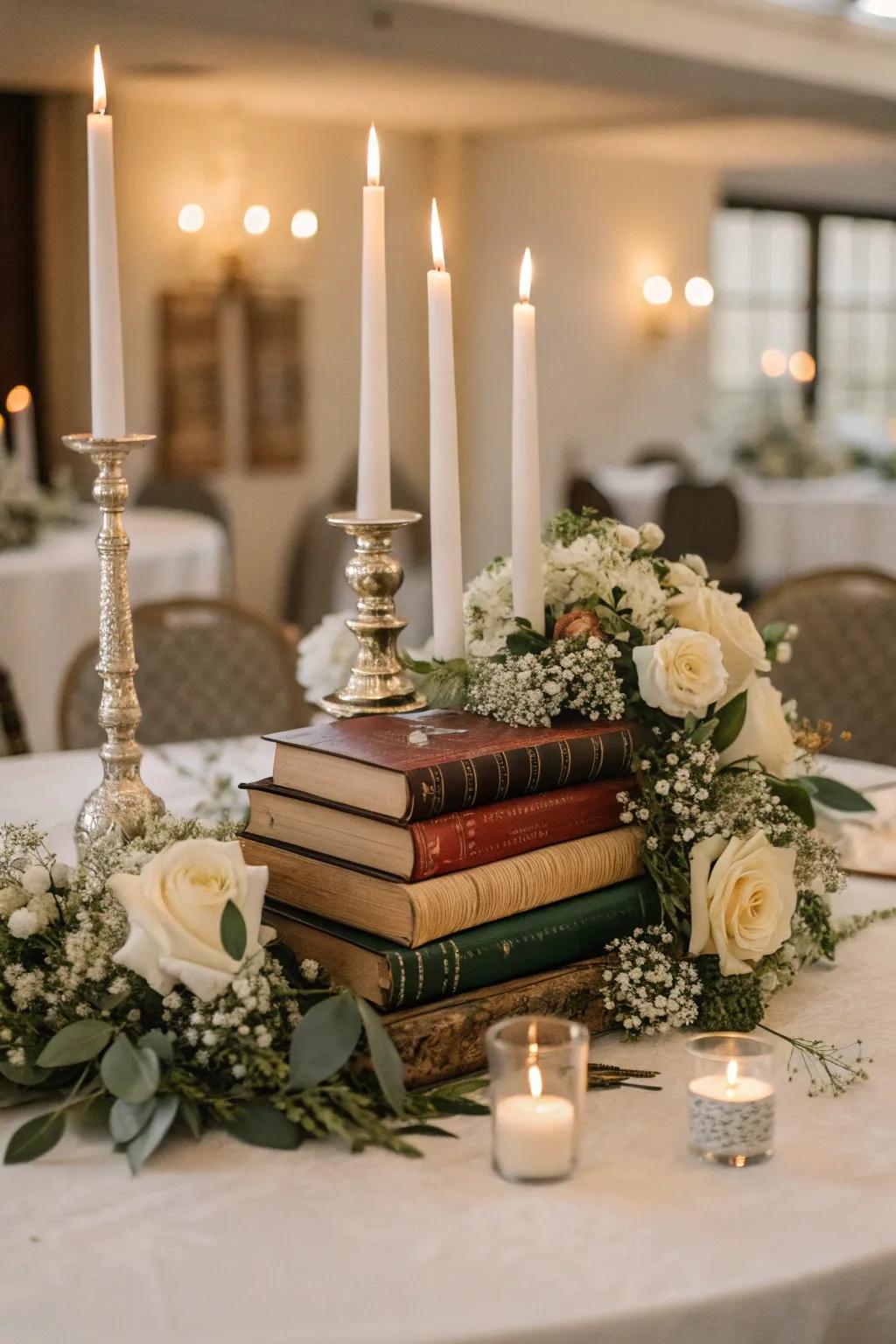 A literary-themed centerpiece highlighting classic novels and candles.