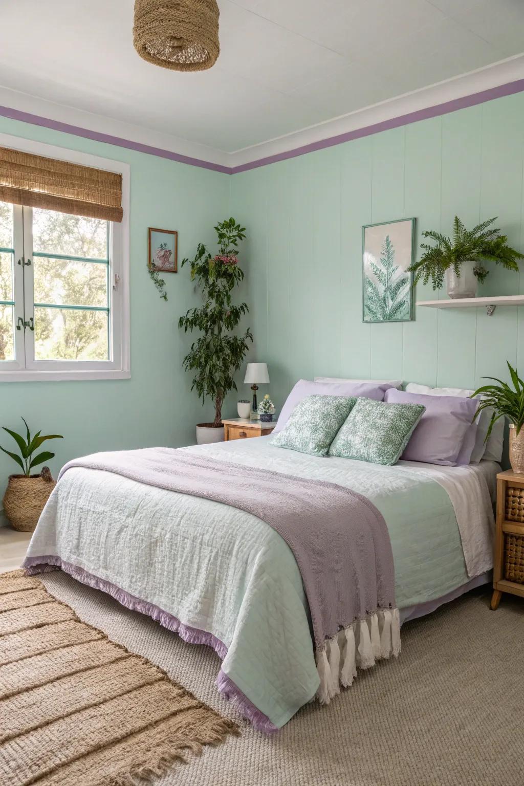Refreshing and calming with seafoam walls and lavender trim.