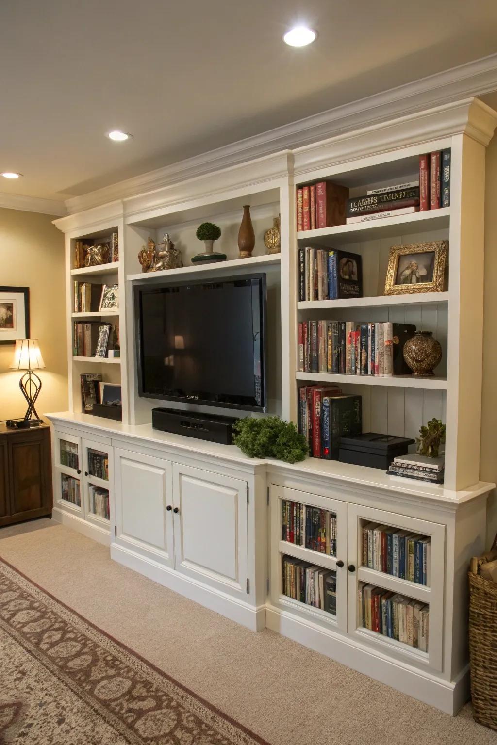 Framing your TV with shelves transforms it into a stylish centerpiece.