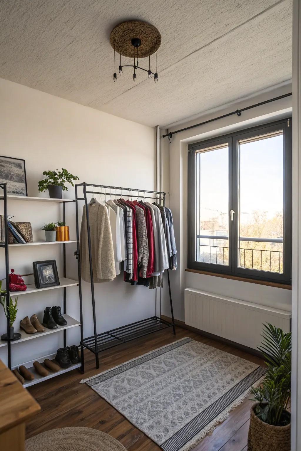 A small apartment showcasing a ceiling-mounted clothing rack.
