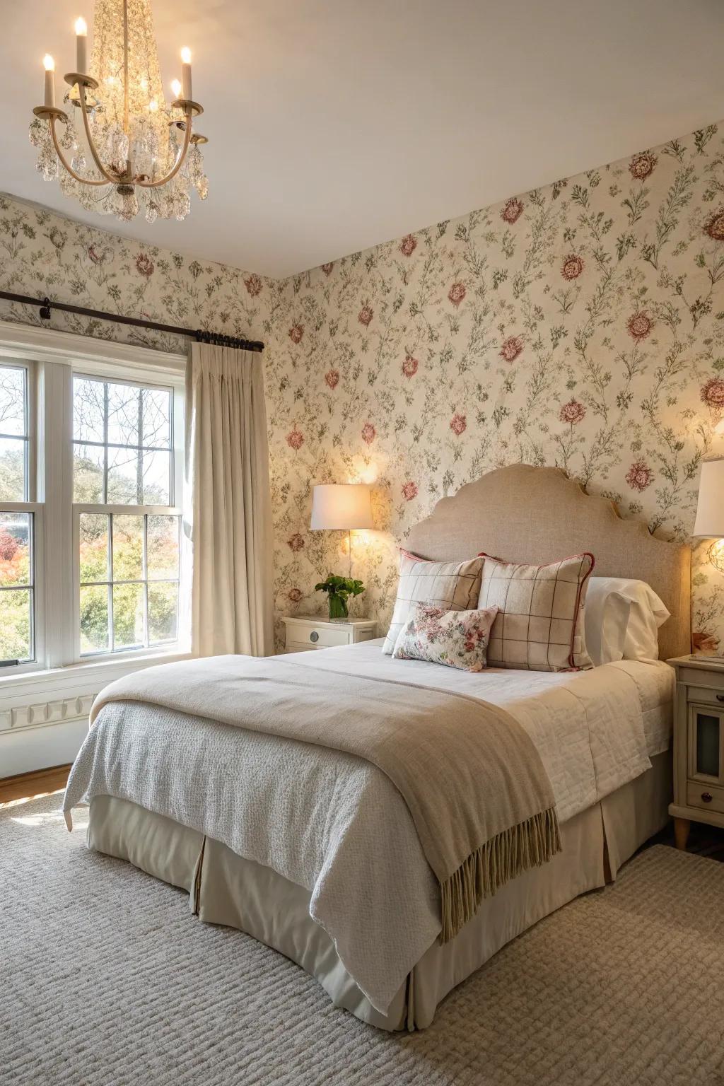 Impasto wallcoverings enhance resting chambers with depth and comfort.