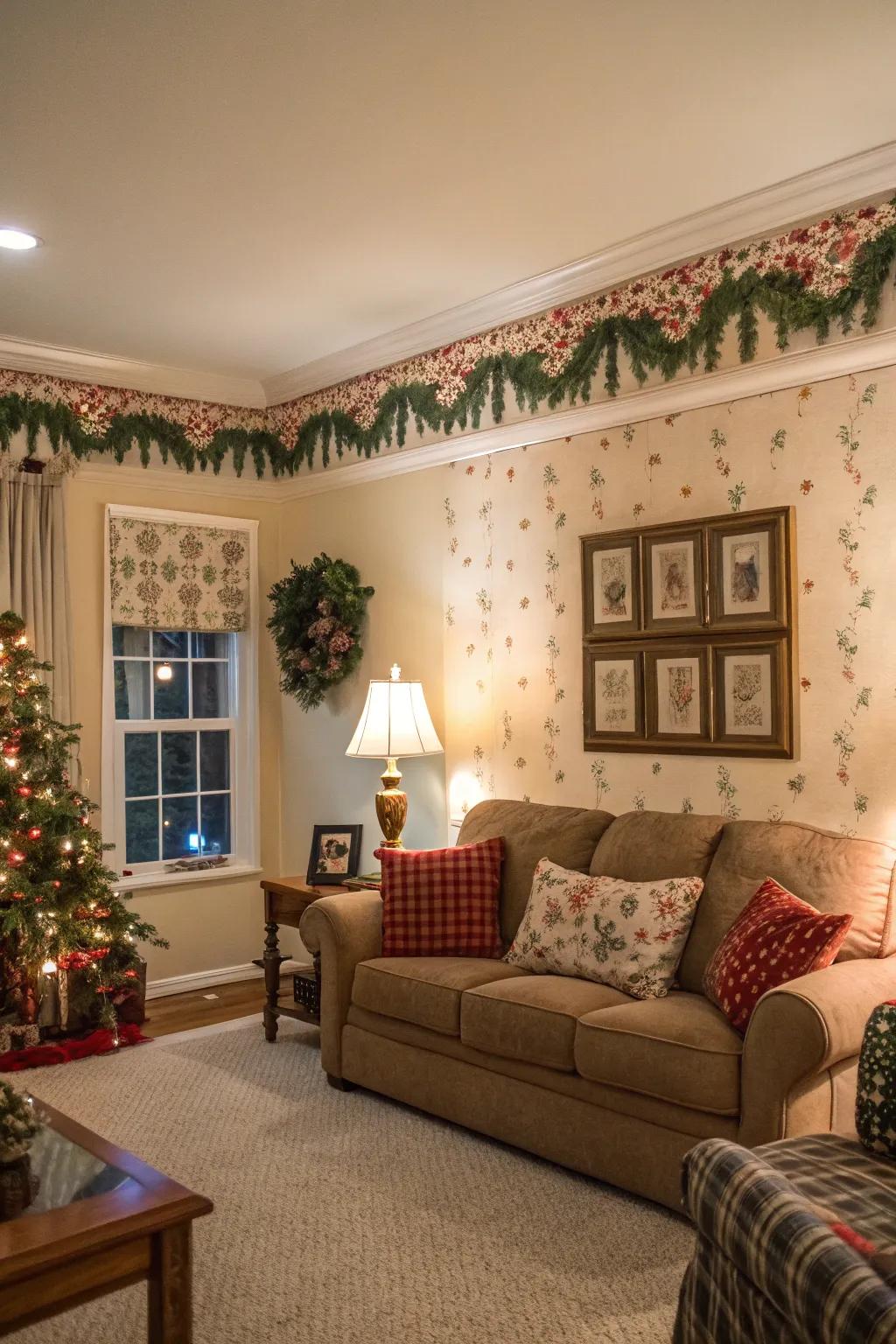 A living room refreshed with a seasonal wallpaper edging.