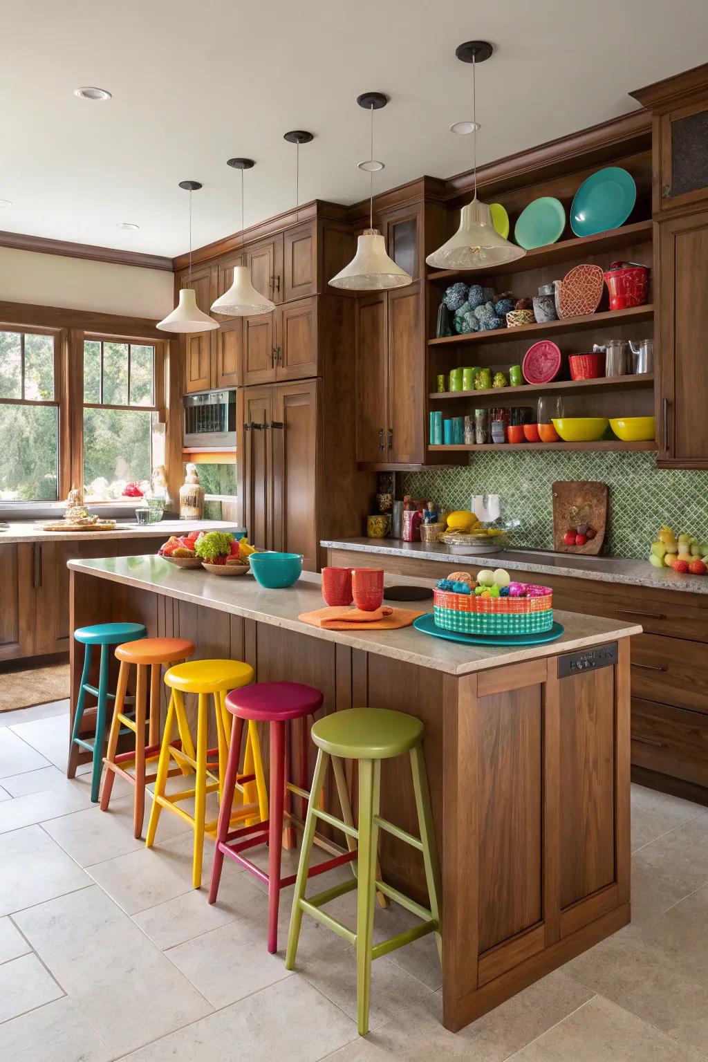 Colorful accents bring vibrancy to a hickory kitchen.