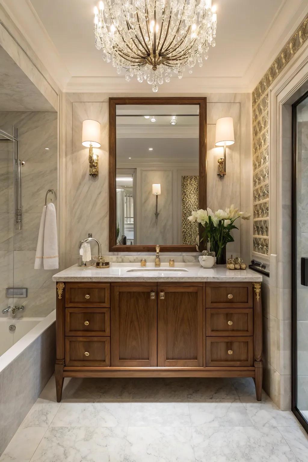 Make a striking impression using a standalone pecan vanity.