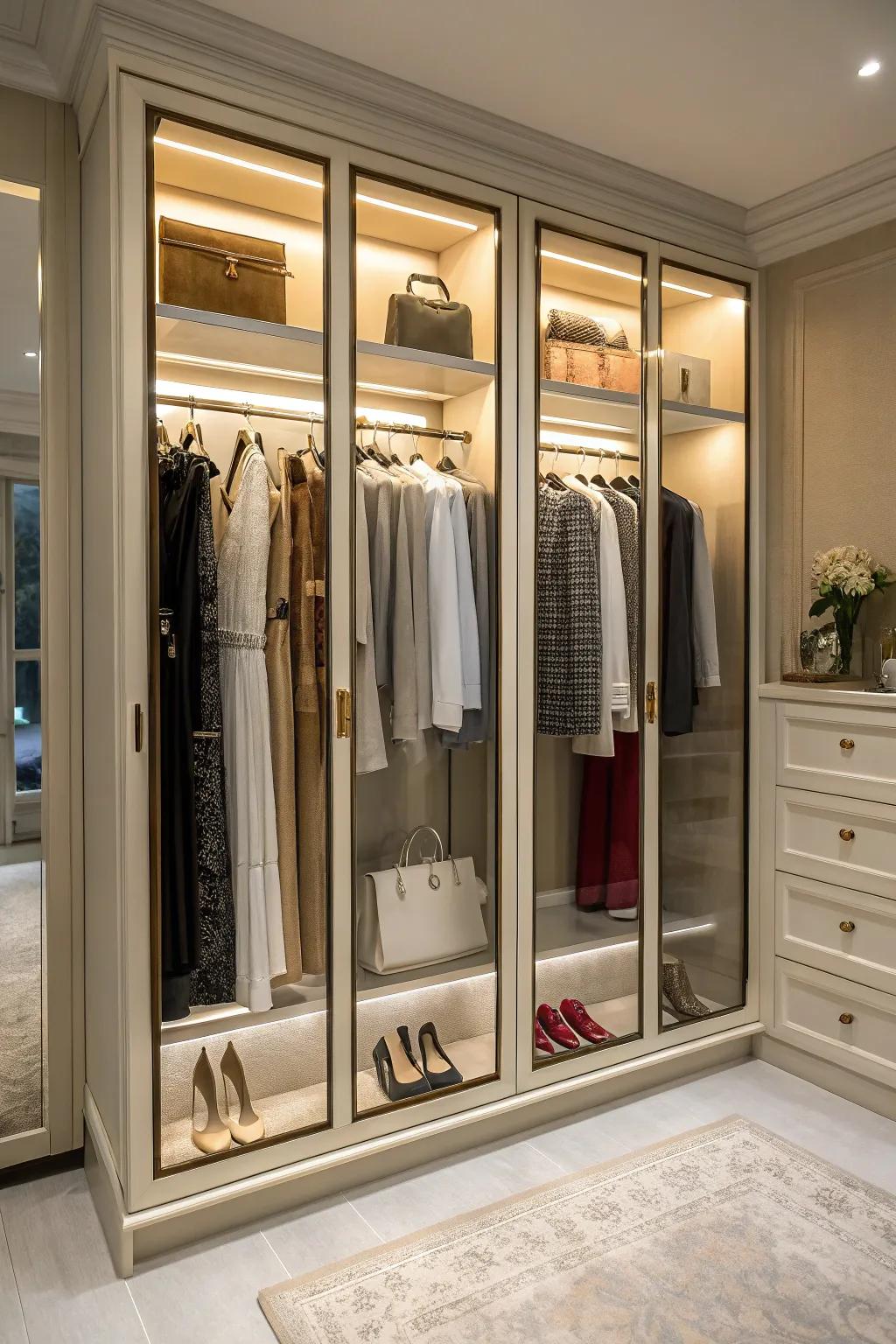 Crystal fronts present a chic way to showcase your wardrobe.