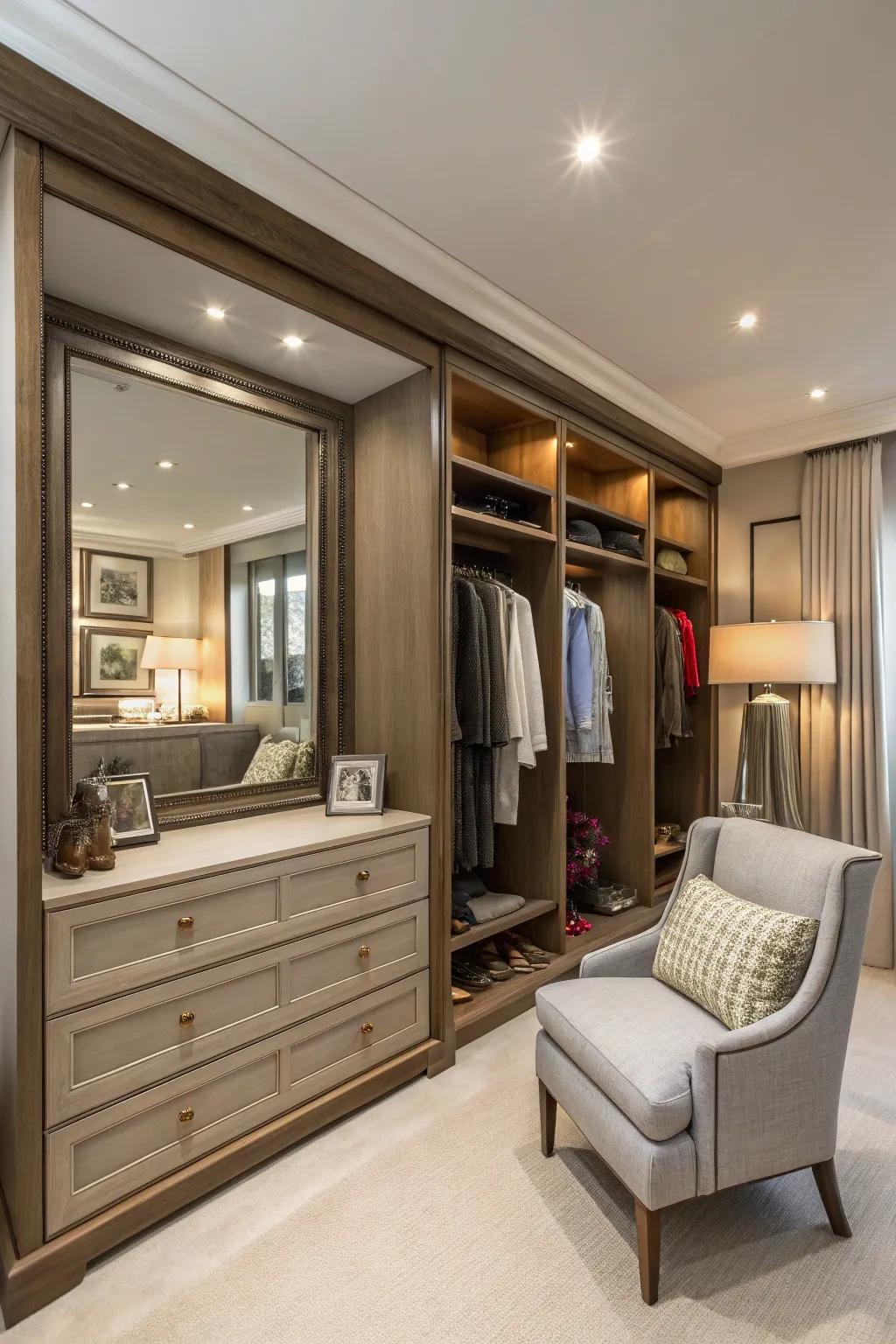 A wardrobe with a cozy dressing area.