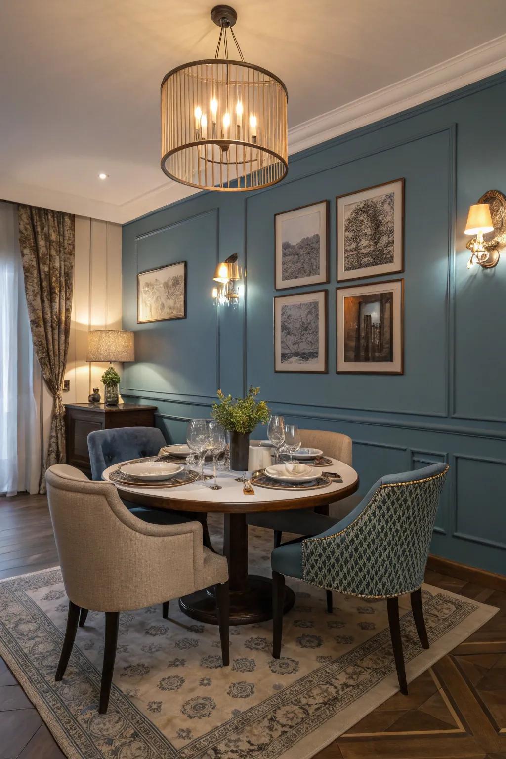 Craft a dramatic dining ambiance with cerulean walls.