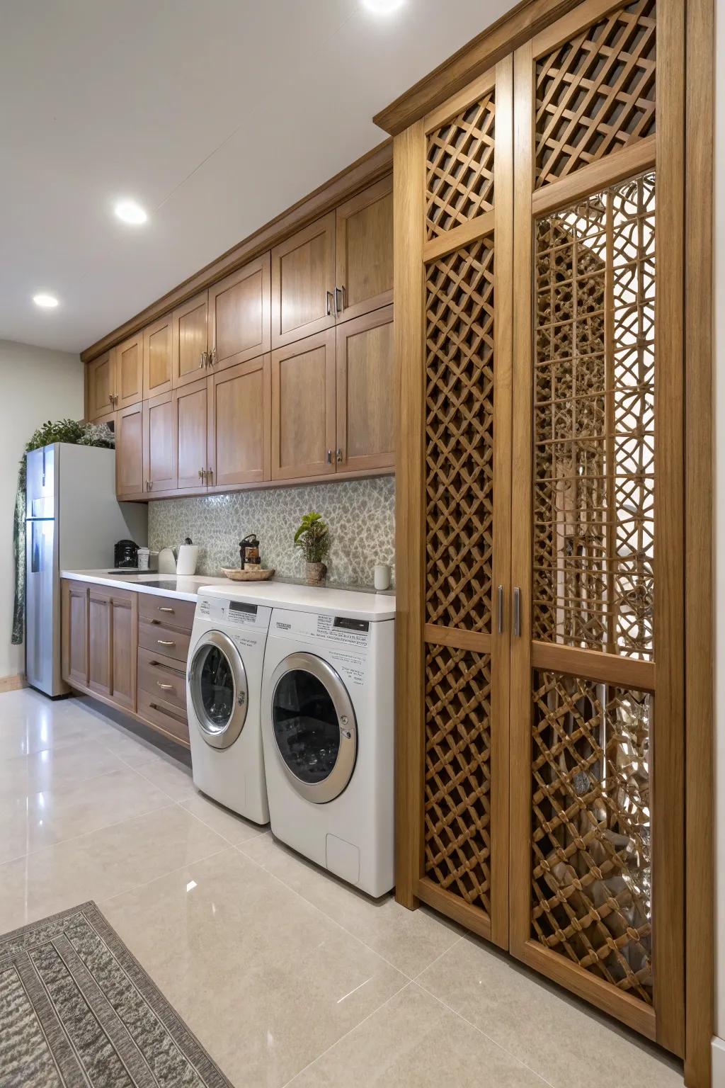 Lattice doors cleverly conceal the washer and dryer in the kitchen.